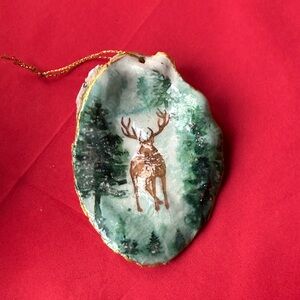 Handcrafted Oyster Shell Deer Ornament with Green and Gold Accents